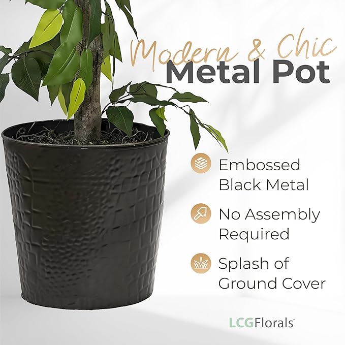 LCG Florals 4ft Ficus Tree in Black Metal Pot with Real-Wood Trunk - Indoor and Outdoor Faux Plants for Patio, Living Rooms, Offices & Outdoor Spaces