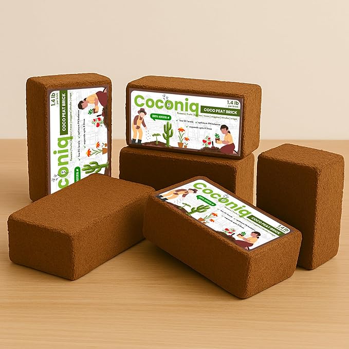 COCONIQ Premium Coco Coir Bricks 6 Pack - Lightweight Cocopeat for Garden Soil, Compressed Coconut Fiber Brick for Potting, Gardening, Planting, Seed Starting, Indoor & Outdoor Plants, Set of 6