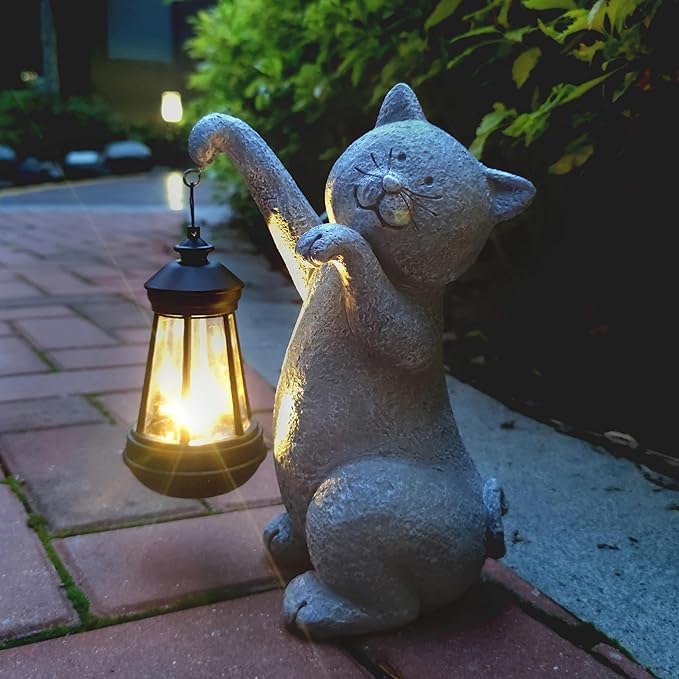 Qobumy Cat Solar Garden Statues,Resin Cat Figurine Decorations with Solar Lights Lantern, Outdoor Figurines Lawn Cats Statue Decor Art for Lawn,Yard, Balcony Ornament,Gift for Garden Home Mom.