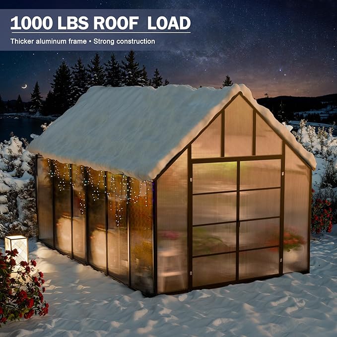 Outdoor Polycarbonate Greenhouse Kit,16x10x10 FT Large Outsides Aluminum Frame Heavy Duty Green House with Transparent Panels Windows Door for Backyard Garden,Walk in Plant Greenhouses,Black Frame