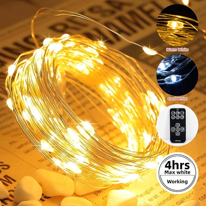 BLUEYE 16FT 100LEDs Rechargeable Fairy Lights,Remote Control,3 Off Timers,Detachable Battery Operated,Tangle-Free Camping String Light,Twinkle for Christmas,Party,Wedding(Cool+Warm White,1Pack)