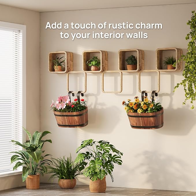 Wooden Hanging Planter for Railing Fence Outdoor Planter Railing Planter Boxes for Plants Wall Planters Window Flower Box Hanging Bucket Pots Countryside Plant Holder (Brown,2pcs,Small)