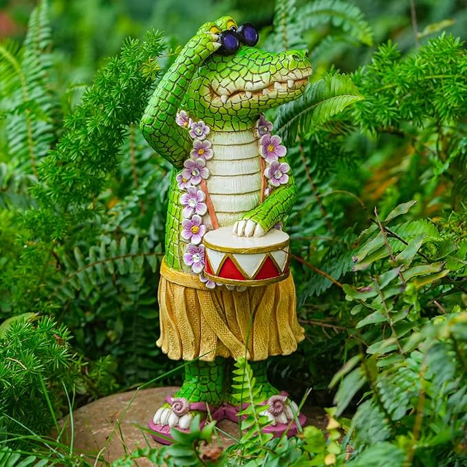 TOLIMI Hawaiian Alligator Garden Statue with LED Floral Garland - Fun Tropical Outdoor Decor, Resin Crocodile Figurine in Hula Skirt for Yard, Patio, or Home