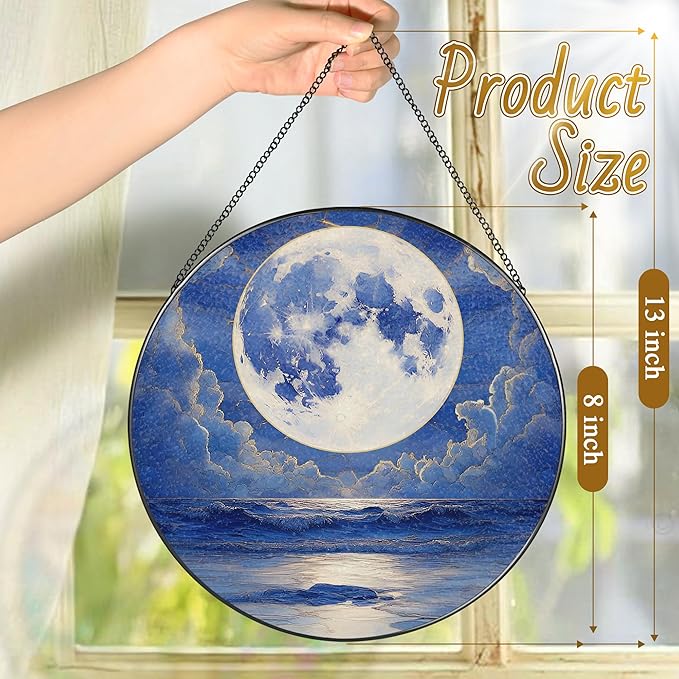 LAOWEIKI 8'' Full Moon Over Ocean Sun Catcher Ornament, Stained Glass Window Hanging, Suncatchers for Windows Hanging Ornaments, Window Decor | Ideal Gift, Mother's Day, Christmas, Birthday Gifts
