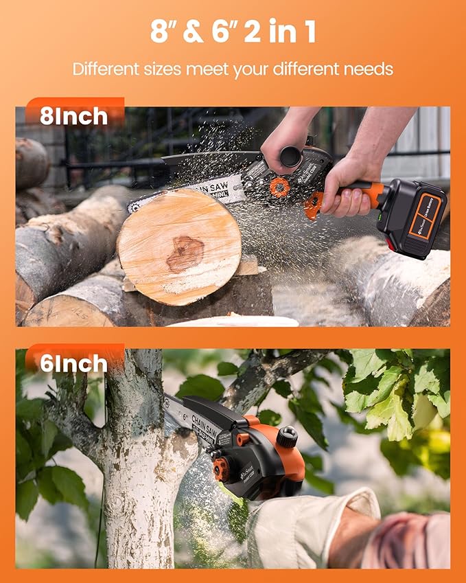 Mini Chainsaw Cordless, 8 inch & 6 inch Electric Chain Saw with 2pcs 4000mAh Batteries, Battery Powered Handheld Saw for Trees Trimming Wood Cutting, Ideal Gift for Men Dad Husband, Orange