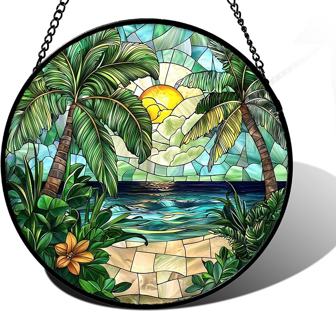 DASTOLL Stained Glass Window Hanging, Green Beach Scenery Suncatcher Diamond Glass Panel Hangings Sun Catchers Decor for Birthday for Women, Men, Wife, Aunt, and Mom 7.8 in
