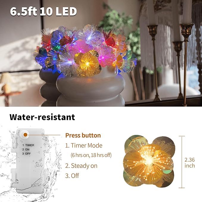YOLIGHT Fiber Optic Flower String Lights Battery Operated with Timer, 6.5ft 10 LED Colorful Flower Garland Light Fairy Decor Lights for Room Table Wedding Christmas Easter Décor (Multi-Color)