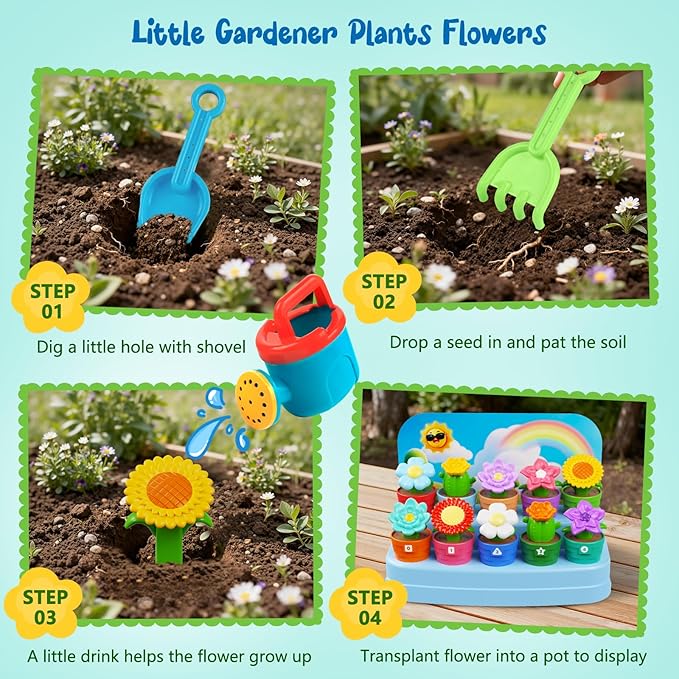 Montessori Flowers Garden Toy for Toddlers, Gardening Set with Watering Can, Shovel, Rake, Shape & Color Sensory Toys, Educational Preschool Learning Toys, Gifts for Baby Girls Boys Ages 1 2 3 4
