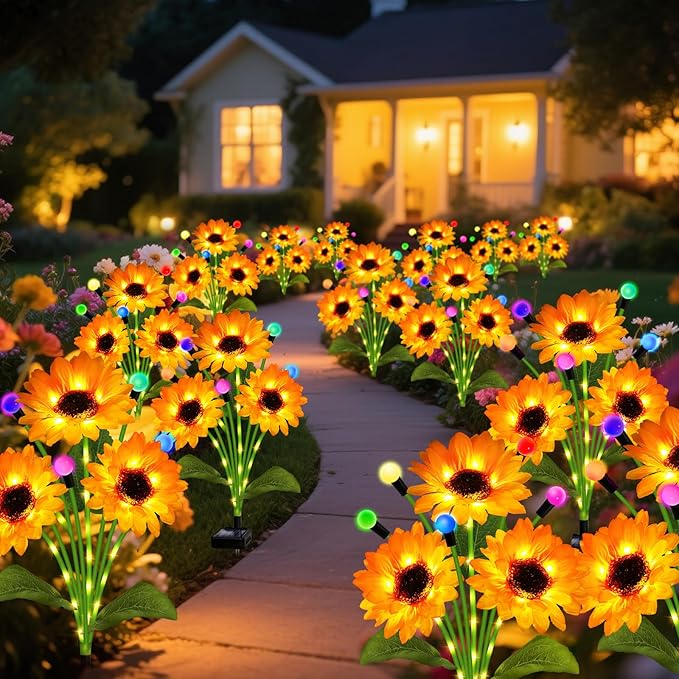 Solar Garden Lights-4 Pack Solar Sunflowers with Multicolor Changing Swaying Firefly Lights,Christmas Birthday Gifts for Mom Women,Waterproof Firefly Sunflower Light for Outdoor Patio Yard Decor