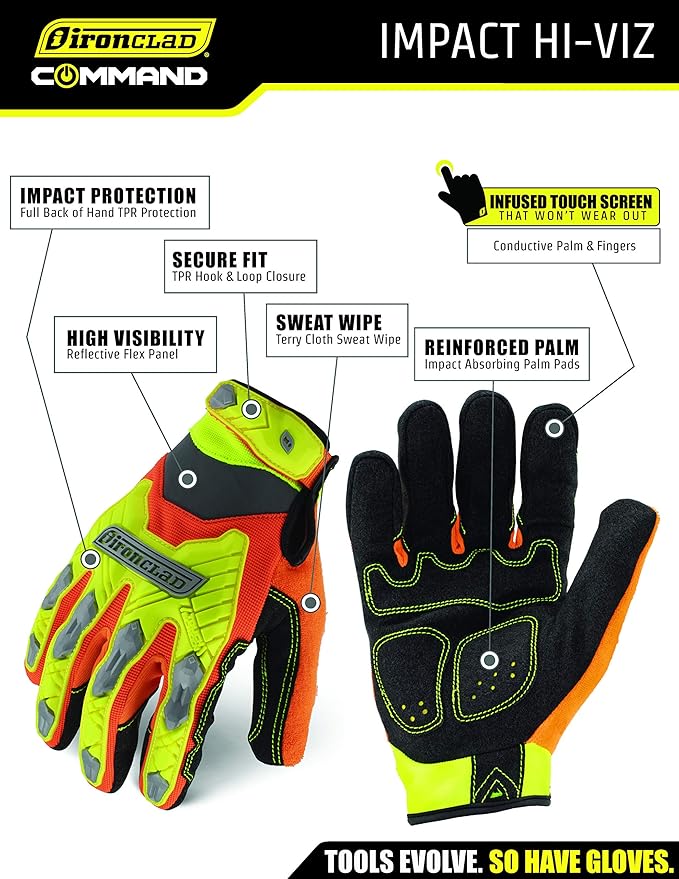 Ironclad Command Impact Work Gloves; Touch Screen Gloves Conductive Palm & Fingers, Impact Protection, Machine Washable
