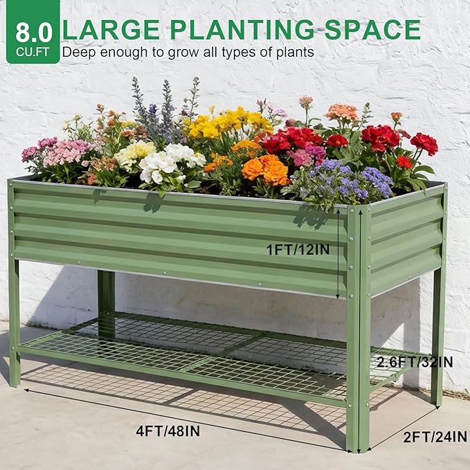 Elevated Raised Garden Bed with Legs, 48x24x32in Galvanized Planter Box Outdoor with Storage Rack & Drainage Holes, Large Metal Raised Beds for Gardening, Backyard, Patio, Balcony, Olive Green