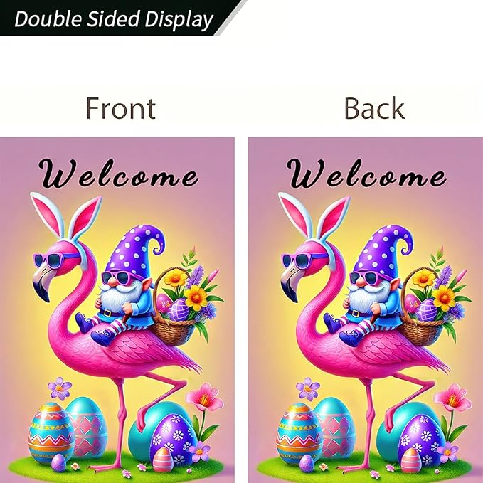Easter Garden Flag 12" X 18" Double Sided Welcome Easter Flamingo Flag Gnome Garden Flag Gnome and Flamingo Welcome Spring Holiday Yard Outdoor Banner Yard Flags for Party Home Decor