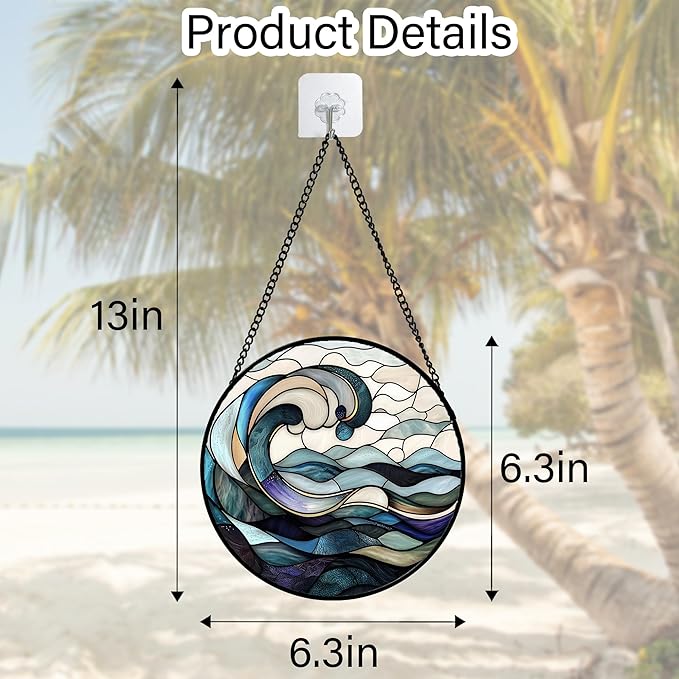 DASTOLL Stained Glass Window Hanging, Ocean Waves Sun Catchers Diamond Glass Panel Hangings Abstract Suncatcher Decor for Birthday for Women, Men, Wife, Aunt, and Mom 6.3 in