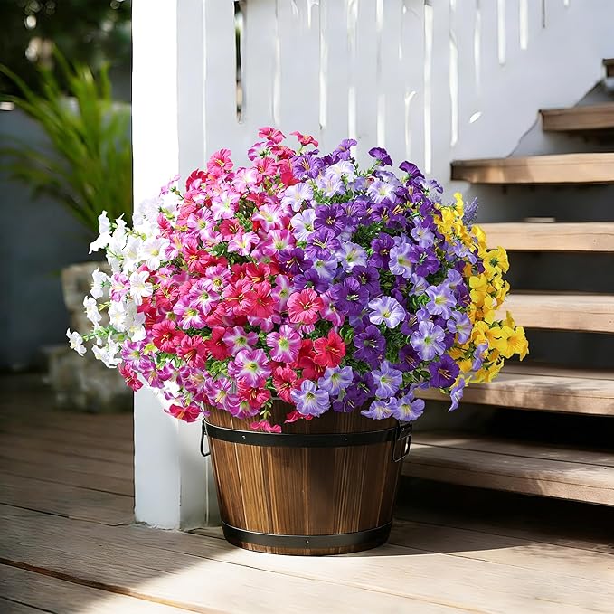 Artificial Flowers for Outdoors Fake Plants Outside Decoration, 20 Bundles White Silk Petunia with Eucalyptus UV Resistant Realistic Faux Flowers for Outdoor Planters Garden Balcony Yard Porch Patio
