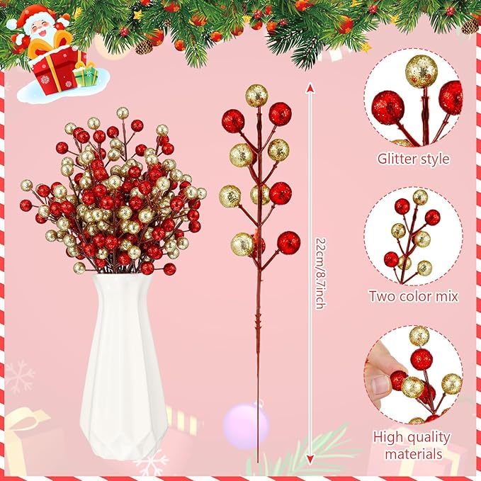 24 Pcs Christmas Glitter Berries Stems, 8.8" H Artificial Christmas Picks for Christmas Tree Ornaments, Holiday Wreath DIY Crafts, Xmas and Home Decor (Red, Gold)