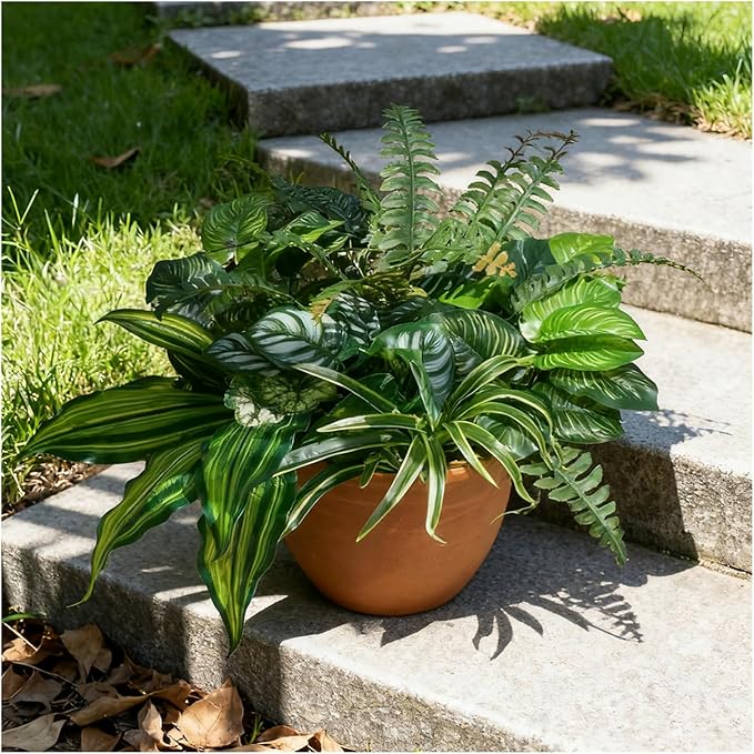 Large Realistic Faux Outdoor Plants, Artificial Greenery Set with Silk Leaves for Patio, Porch, Garden Decor, UV Resistant Plastic Stems, Lifelike Shrubs for planters and Front Door Decorations