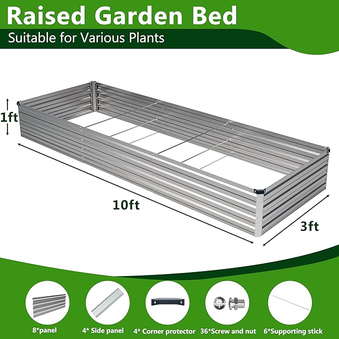 Easllre 2PCS 10x3x1ft Galvanized Raised Garden Bed Kit, Galvanized Planter Raised Garden Boxes Outdoor, Large Metal Raised Garden Beds for Vegetables,Silver