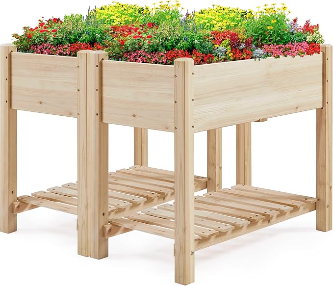 Topeakmart Raised Garden Bed Elevated 2 Tiers Wood Planting Bed Above Ground Planter Box for Vegetables Flowers Herbs Yard Outdoor, 34x18x30in, 2pcs