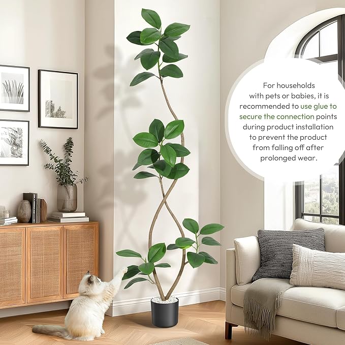 7 ft Artificial Plant Rubber Tree, Large Floor Tree Real Touch, Artificial Plants Indoor Potted with Black Sphere Resin Planter & Stone, Tall Plant Artificial Large Floor