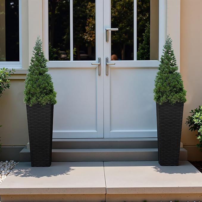 Flamaker Resin Rattan-Design Planters Set of 2, 32'' Tall Flowerpot with Additional Pot for Soil, Durable Weather-Resistant Planter with Drainage Holes for Garden, Patio, Backyard (Black, Large)
