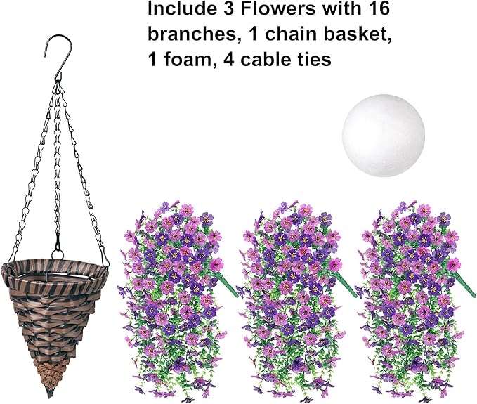 HyeFlora Artificial Hanging Flowers Basket for Outdoor, Fake Flowers Faux Plants Look Real for Yard Gardens Porch Patio Home (Darkpurple+Purple)