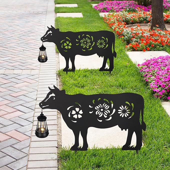 2Pack Solar Outdoor Garden Lights Stakes Solar Metal Flower Cow Lawn Deco Statue Patio, Outdoor Decor, Garden Decorations, Lawn Ornaments