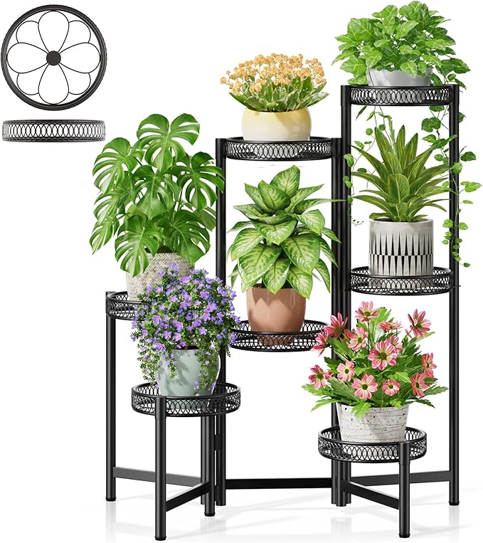NQW Plant Stand Indoor Outdoor, 7 Tier Large Plant Stand with 7.9-Inch Wide Drainage Tray, Tiered Corner Metal Iron Flower Display Holder Shelf, Folding Tall Rack for Patio Balcony Porch - BlackFlower