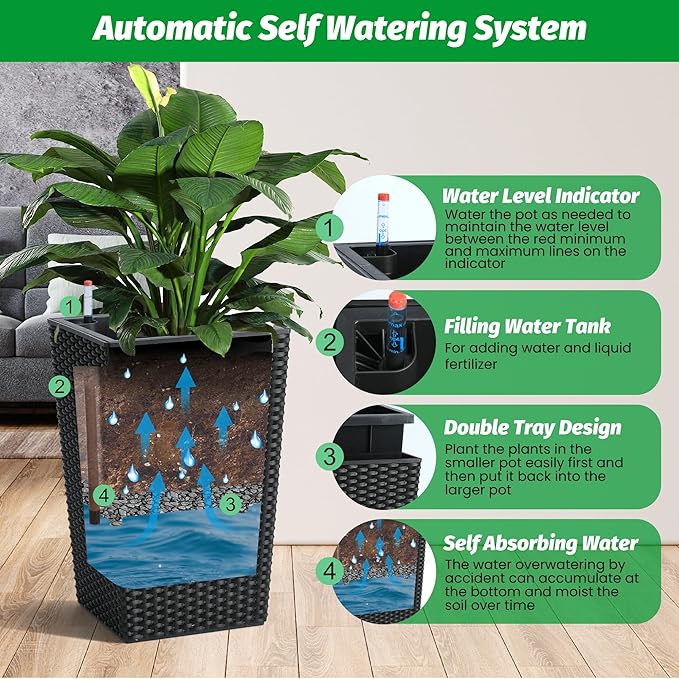 16" Tall Rattan Planter Set of 2, Self Watering Pots with Built-in Drainage and Water Level Gauge, Large Plant Pots for Garden, Patio, Balcony, Lounge, Black