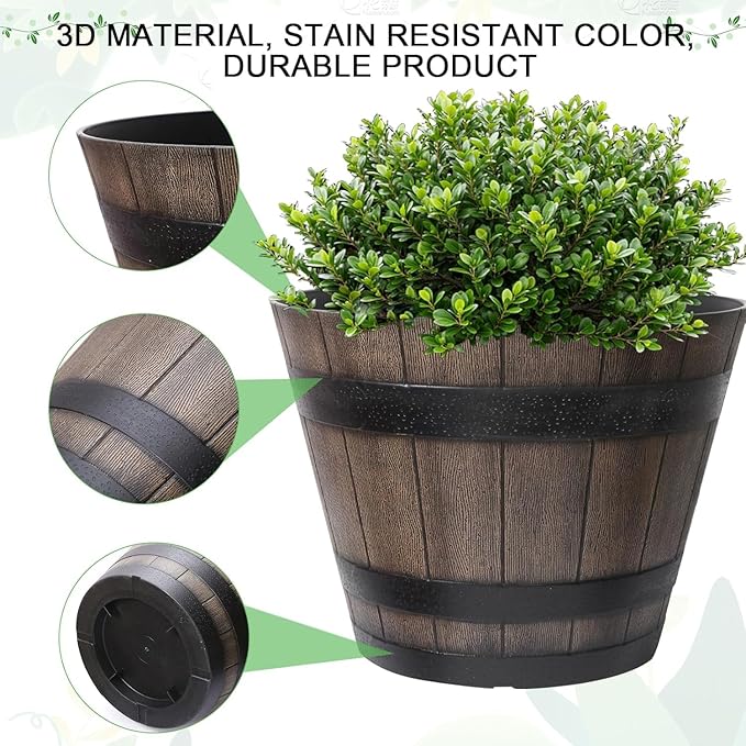 WEICHENGXING Large Plant Pots, 22.25 Inch 2 Pack Plastic Whiskey Barrel Planters, Big Flower Pots Wine Barrel Design for Outdoor Indoor, Garden, Porch, Patio, Backyard