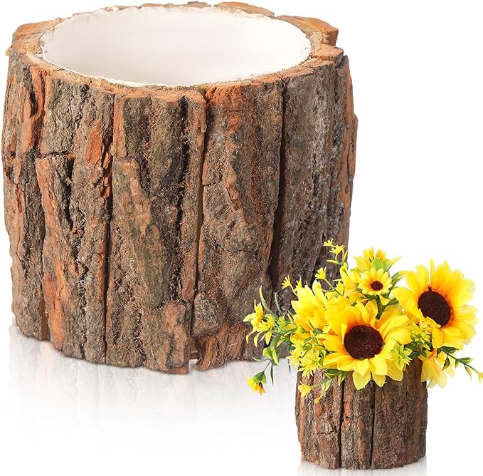 1 Pcs Wooden Vase for Centerpieces Woodland Table Decor Wooden Flower Vase Rustic Bark Stump Buckets Vintage Wood Planter Pots for Garden Party Wedding Window Home Farmhouse (Large)