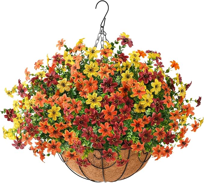 INQCMY Artificial Flowers Hanging Baskets for Outdoors Spring Decor, 12 Bundles Fake Plants Faux Silk Daisy with Eucalyptus Stem UV Resistant for Outside Patio Balcony Garden(Orange Brown Yellow)