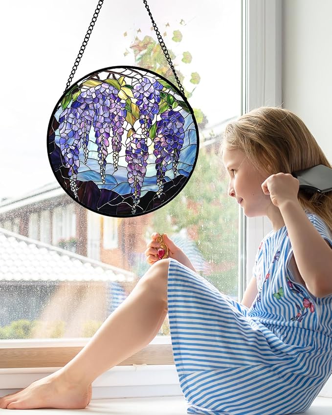 AMDERVEN Stained Glass Window Hanging, Wisteria Flower Sun Catcher for Door Home Decor Purple and Blue Suncatcher Christmas Mother's Day Birthday Gifts for Women Men Mom and Nana 7.8 in