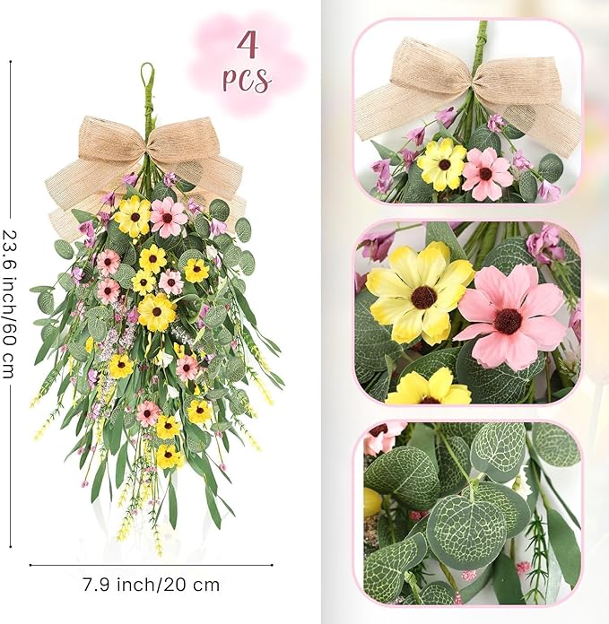 4 Pcs 22" Artificial Summer Swag Wreath Spring Floral Teardrop Swags for Front Door Farmhouse Kitchen Cabinet Wreaths with Ribbon Flowers Hanging Wreaths for Porch Outside All Season Wall Window Decor