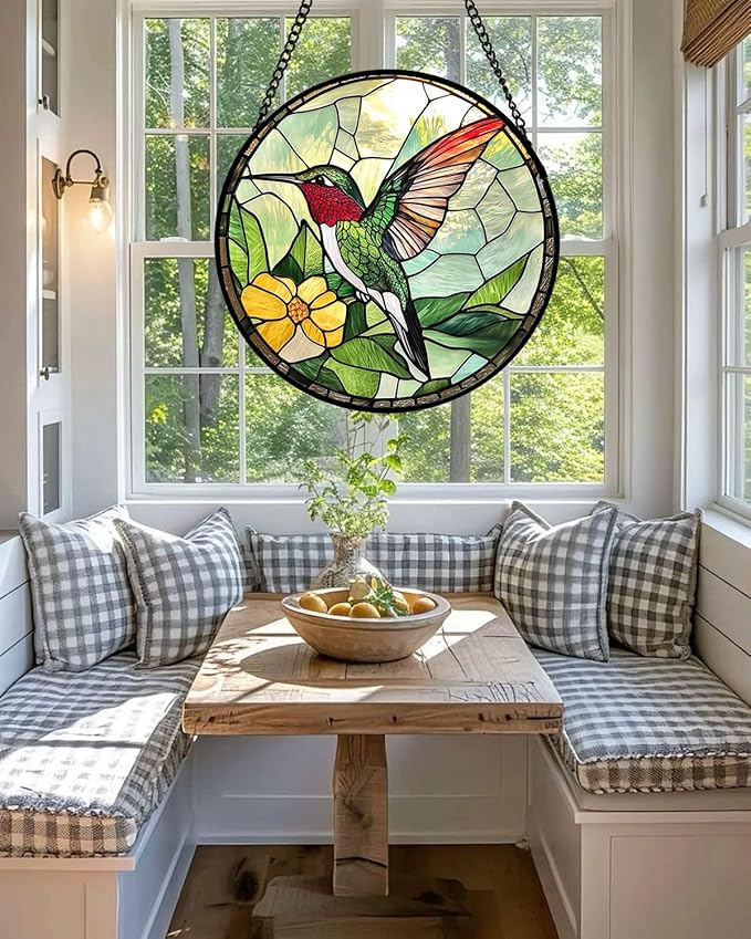 AMDERVEN Stained Glass Window Hanging, Green Hummingbird Sun Catcher for Door Home Decor, Birds Suncatcher Christmas Mother's Day Birthday Gifts for Bird Lovers Women Men Mom and Nana 15 in
