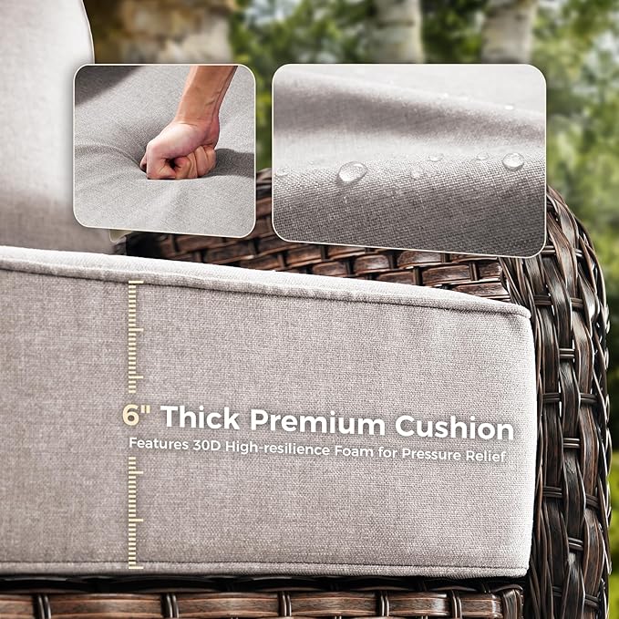 Luxury Patio Furniture Set with 6-inch Thick Cushions, Outdoor Furniture Set with High Back Swivel Chairs, 5 PCS Wicker Outdoor Conversation Set for Porch, Patio, Yard, Deck, Poolside, Brown/Beige