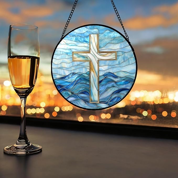 JOSUMALY Christian Gifts for Women - Blue Cross Stained Glass Window Hanging Jesus Easter Ocean Waves Sun Catcher Garden Religion Decor Mother's Day Catholic Gift for Men Grandma Mom Her Nana 6.3"