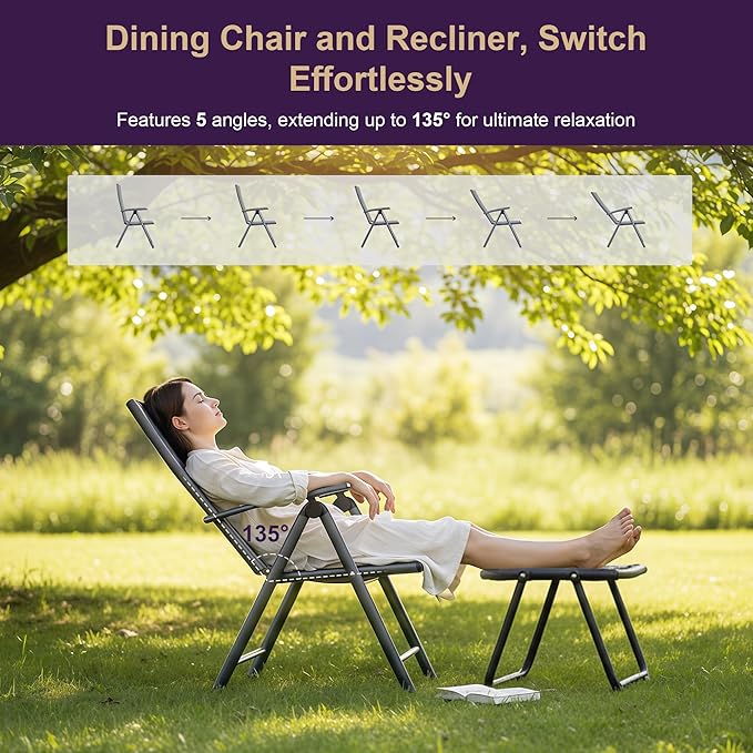 PURPLE LEAF Outdoor Patio Folding Chairs Set of 2, Outdoor Reclining Camping Chairs with Soft Cotton-Padded Seat Adjustable High Backrest Portable Chairs, Grey
