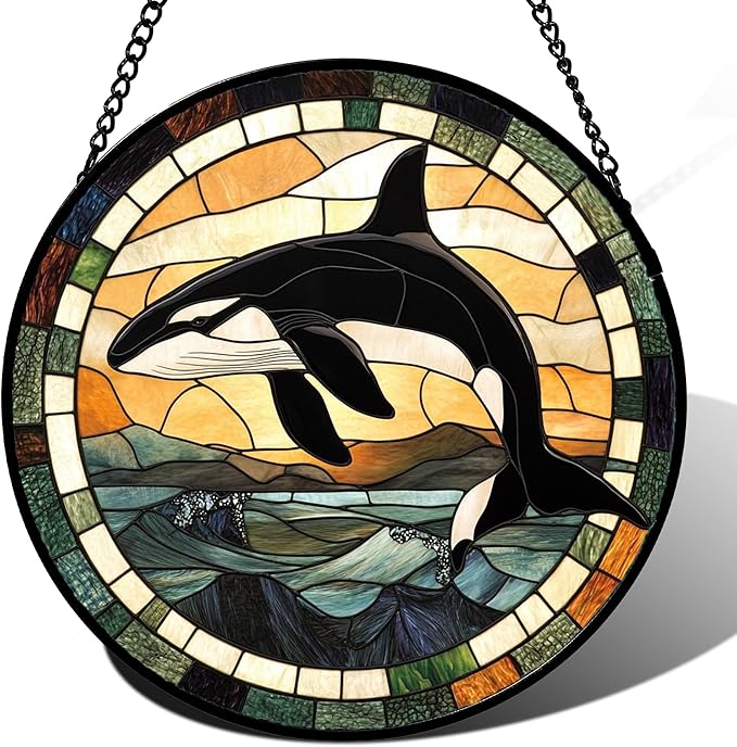 Stained Glass Window Hanging Ocean Wave Killer Whale 6.3" - Suncatcher Door Garden Sunroom Sun Catcher Home Decor Birthday Christmas for Mom Men Woman Nana