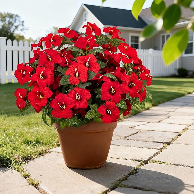 Brlita 19 Inch Artificial Flowers for Outdoor Indoor Garden Home Decoration,Faux Flower for Home Office Garden Patio Balcony 4 Bundles (Red)