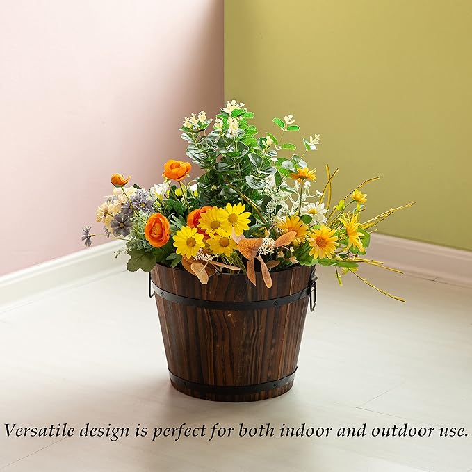 Rustic Wooden Whiskey Barrel Planter with Durable Medal Handles and Drainage Hole - Perfect for Indoor and Outdoor Plants, Herbs, and Vegetables - Small