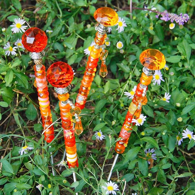 Exway 100 PCS DIY Fairy Wand Beaded Garden Stake Beads Kits with Orange Large Hole Beads 4 Crystal Stopper Top Threaded Rods and 4 Orange Sparkling Crystal Pendants for Outdoor Indoor Decor