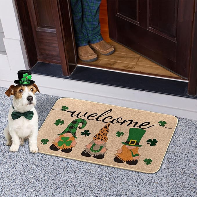 St. Patricks Day Door Mat Lucky Shamrocks Gnome Welcome Floor Mats Indoor Outdoor Rugs Saint Patrick's Day Decorations Kitchen Front Door Bathroom Rug Irish Doormats 17 x 30 Green