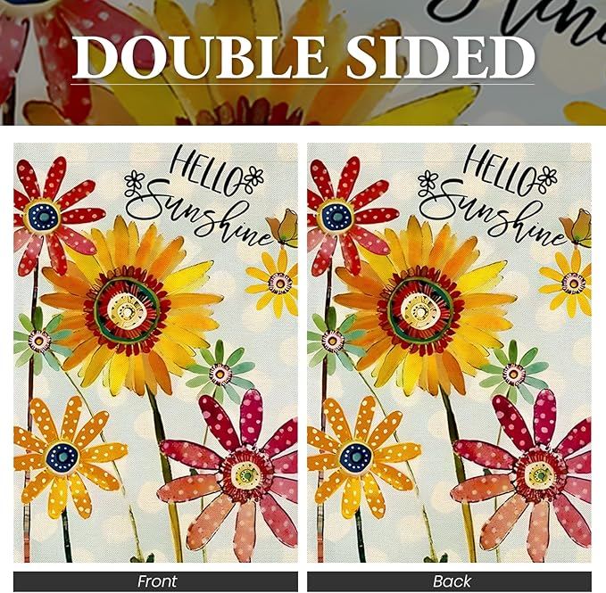 Spring Flowers Garden Flag 12x18 Inch Double Sided,Hello Sunshine Sunflower Daisy Small Yard Flags for Outdoor,Summer Seasonal Decoration for Farmhouse Holiday Outside