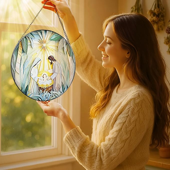Stained Glass Suncatcher, Nativity Scene Sun Catcher Ornament; Stained Glass Window Hanging, Christmas Ornament, Holy Family Decoration; Christian Gifts, Religious Gifts, Christian Holiday Decor