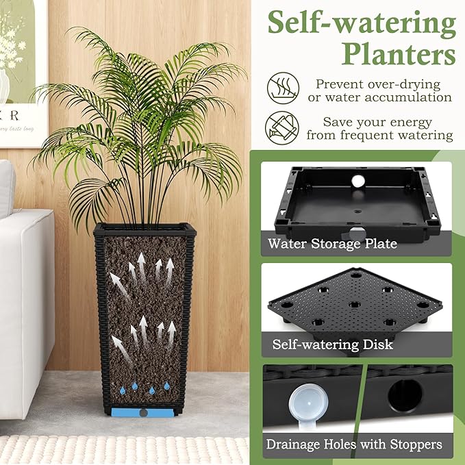 Giantex Set of 2 Outdoor Wicker Flower Pot, 23 Inch Tall Planters with Drainage Hole, Self-Watering Tray, Rattan Flower Pots, Indoor Outdoor Decoration for Front Porch Balcony Entryway (Black)