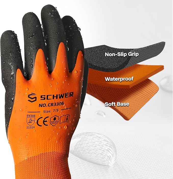 Schwer 2 Pairs Waterproof Work Gloves for Men and Women CR3306, Gardening Gloves with Double Latex Coated, Non-slip Working Gloves, Outdoor Construction, Car and Fish Cleaning, No Fleece Lining, S