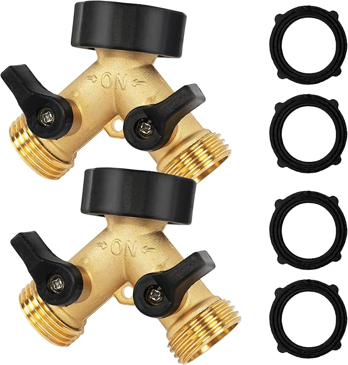 Hourleey 2 Pack Brass Garden Hose Splitter 2 Way, 3/4 Inch Hose Connector Tap Splitter, Hose Y Splitter, Hose Spigot Adapter 2 Valves with 4 Extra Rubber Washers