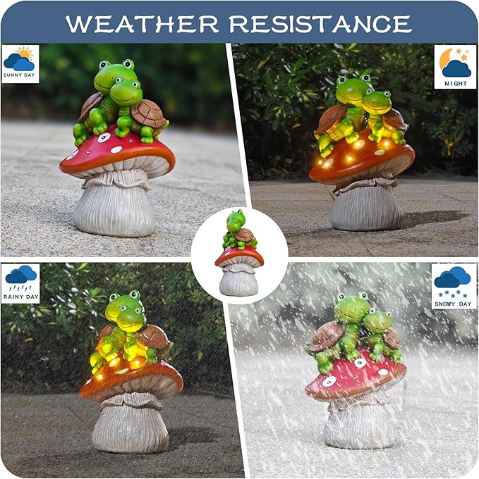Solar Garden Turtle Figurines Outdoor Ornaments - Orange Mushroom with Sweet Frog Face Cute Turtles Decor, Resin Decorations Unique Garden Art Resin Statue Gifts for Patio Lawn Porch Yard