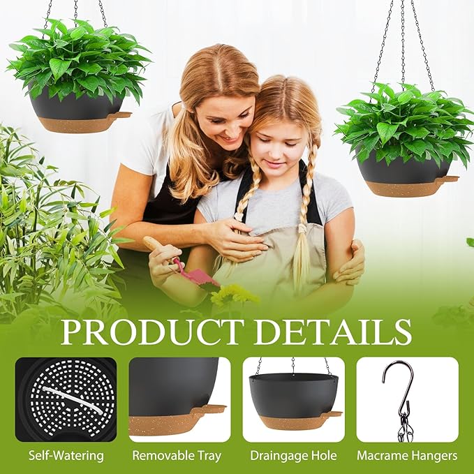 SQKH 12 Inch Hanging Baskets 2 PC with Chains, Self-Watering Hanging Planters for Indoor Outdoor Plants, Plastic Hanging Flower Pots,Black Brown