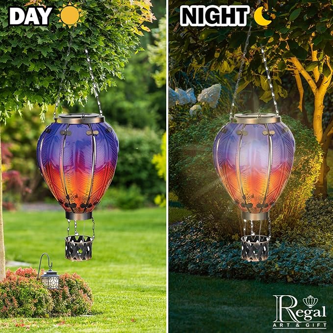 Regal Art & Gift 23.5 Inch Hot Air Balloon Solar Lantern – Hanging Solar-Powered LED Lights, Waterproof Portable Decorative Outdoor Lamp Made of Metal & Glass for Garden, Patios & Pathway – Purple
